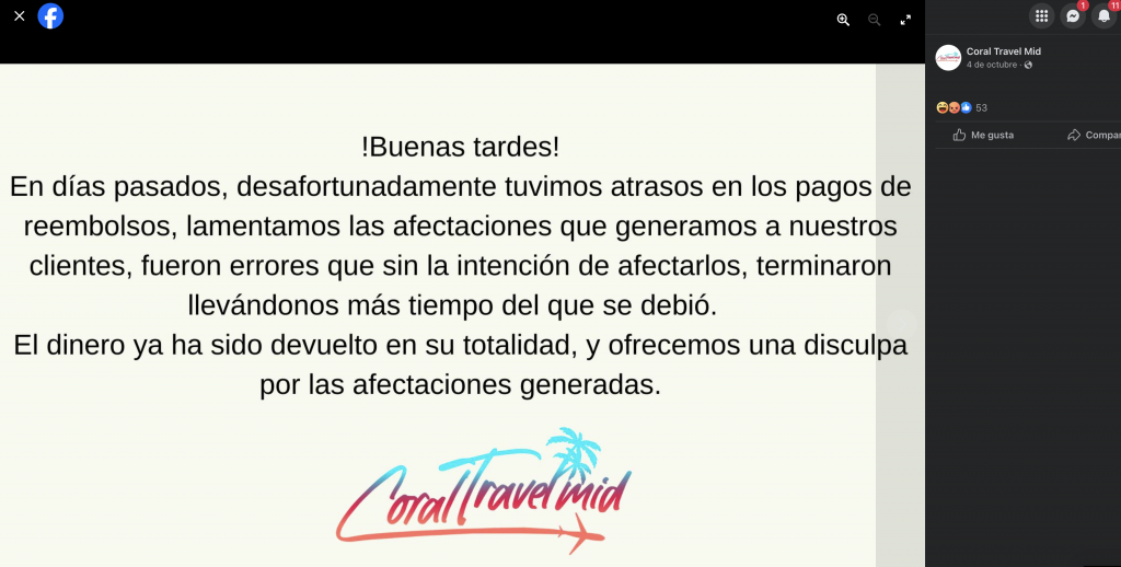 “Coral travel mid me debe más de 20 mil pesos”