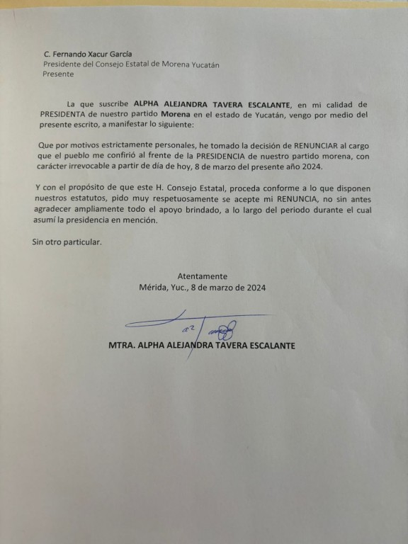 Alpha Tavera se retira de la presidencia de Morena Yucatán con todo el reconocimiento de sus compañeros