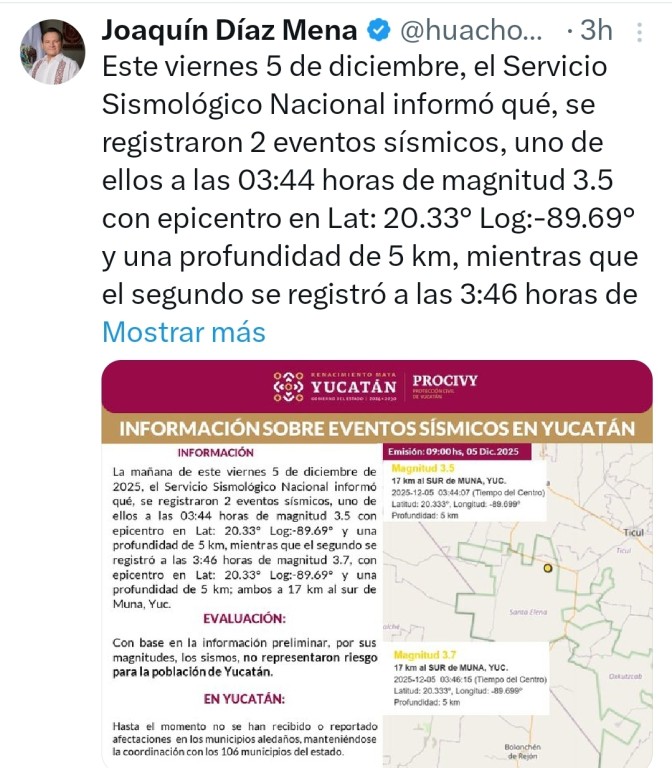 Tiembla dos veces en Yucatán, durante la madrugada