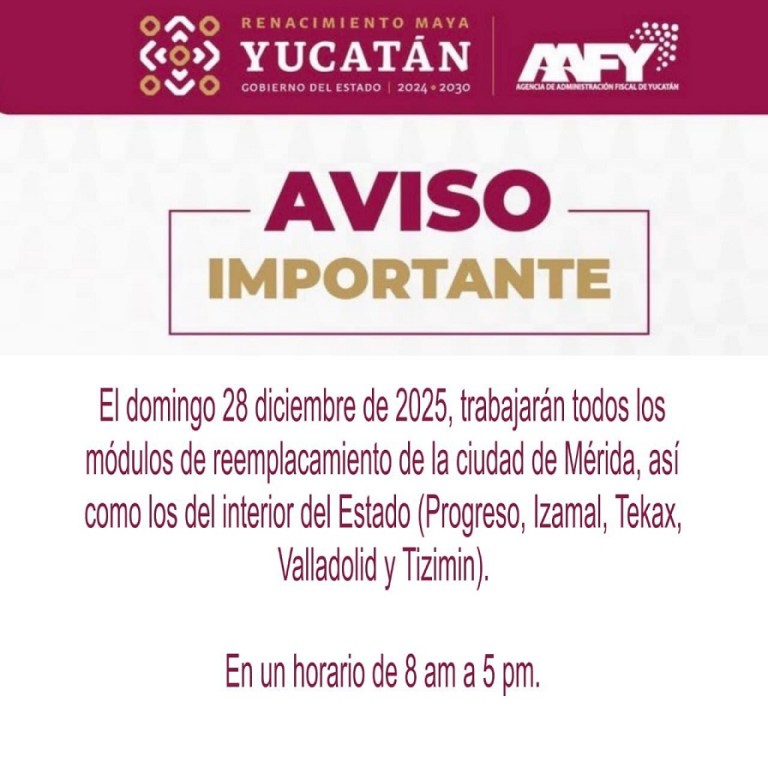 Habr&aacute; atenci&oacute;n dominical en m&oacute;dulos de control vehicular de M&eacute;rida y Valladolid