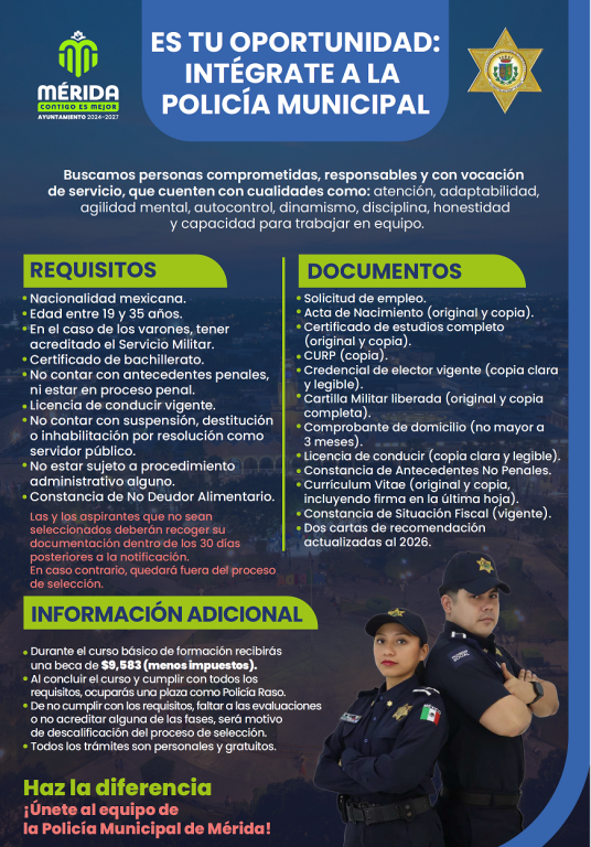 En busca la Polic&iacute;a Municipal de M&eacute;rida de 30 nuevos elementos