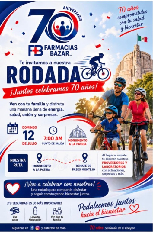 Anuncian rodada ciclista y donativo de botiquines, por el 70 aniversario de Farmacias Bazar