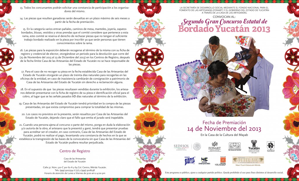 Invitan a participar en el segundo gran concurso Estatal de Bordados Yucatán. Invitan a participar en el segundo gran concurso Estatal de Bordados Yucatán.