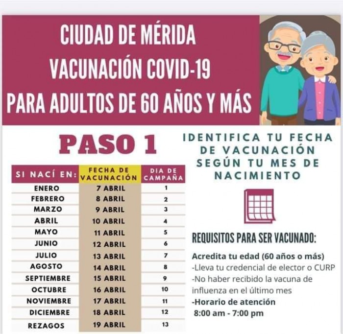Este miércoles comienza la vacunación de adultos mayores en Mérida Este miércoles comienza la vacunación de adultos mayores en Mérida