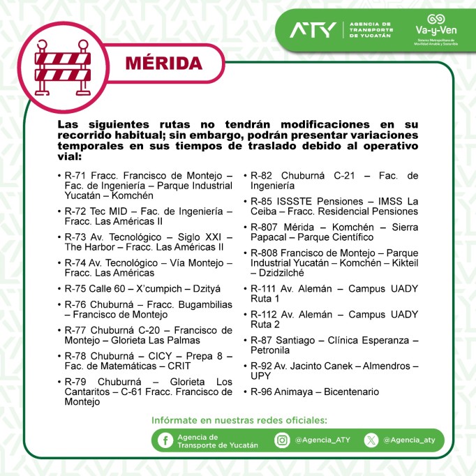 Afectaciones en rutas de Va-Y-Ven con motivo del Marat’hon Mérida 2026