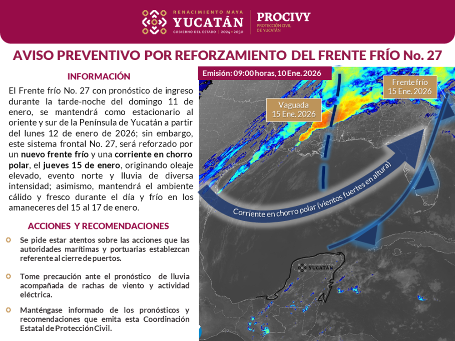 Yucatán recibirá efectos de cuatro frentes fríos en enero