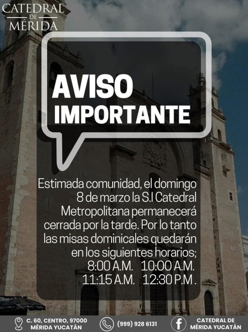 Suspenderá Catedral de Mérida misas por la tarde, este domingo 8 de marzo